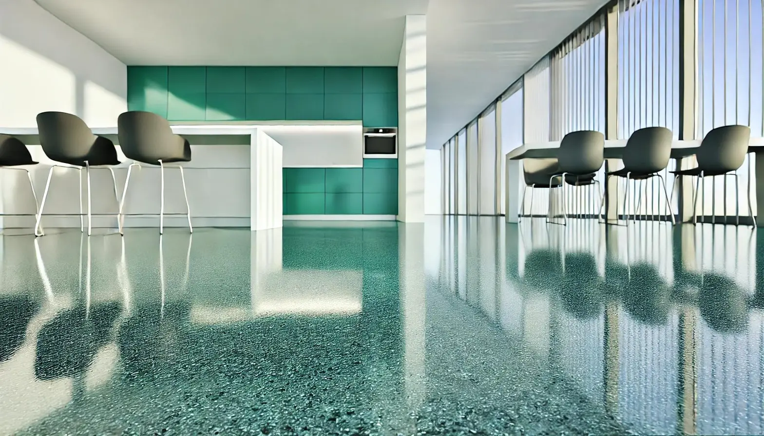 EpoxyRocks!® Teal Metallic Epoxy Floor Office Building Kitchen Area with teal metallic Epoxy Surfacing